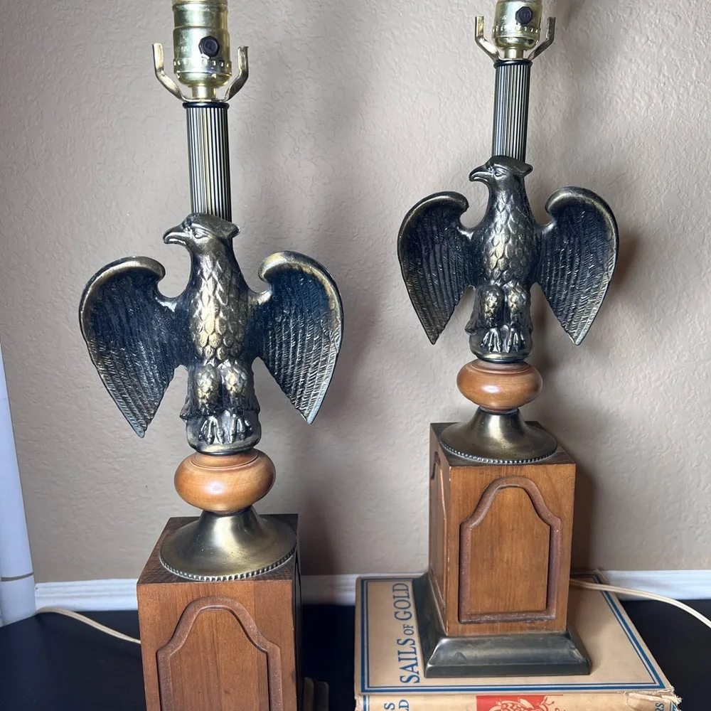 Vintage 1970’s Federal Style Pair American Eagle Lamps, Solid Wood, Brass, Ameri